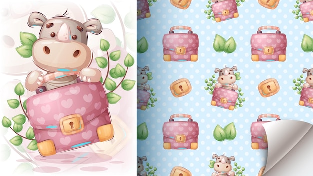 Seamless pattern cartoon character adorable rhinoceros