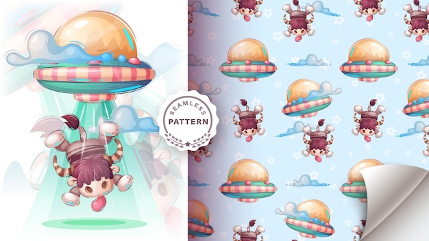 Seamless pattern cartoon character adorable ufo