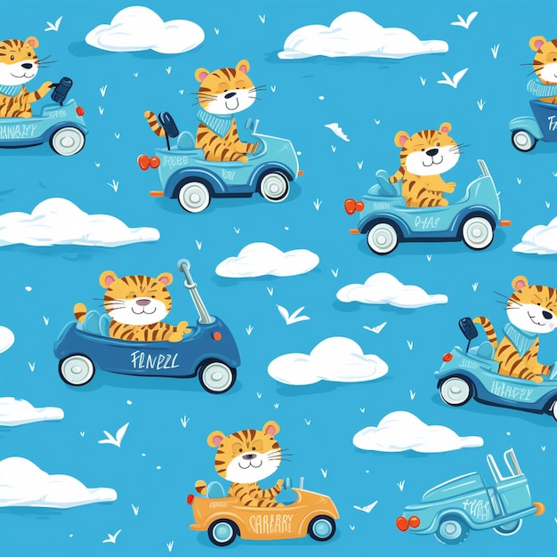 Seamless pattern of cartoon cute tiger driving a car vector illustration