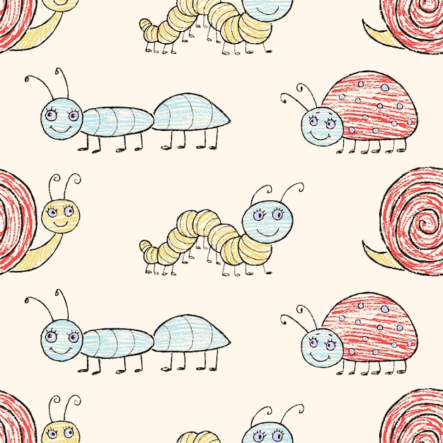 Seamless pattern of cartoon drawn insects