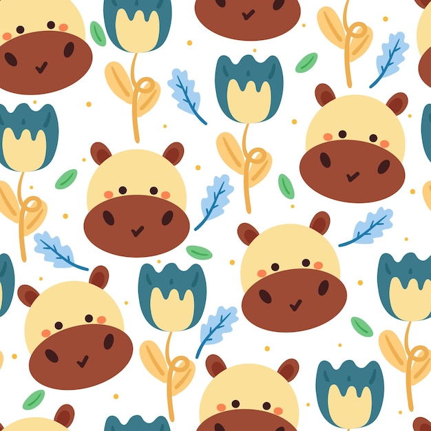seamless pattern cartoon hippo plant and flower cute animal wallpaper for textile gift wrap paper