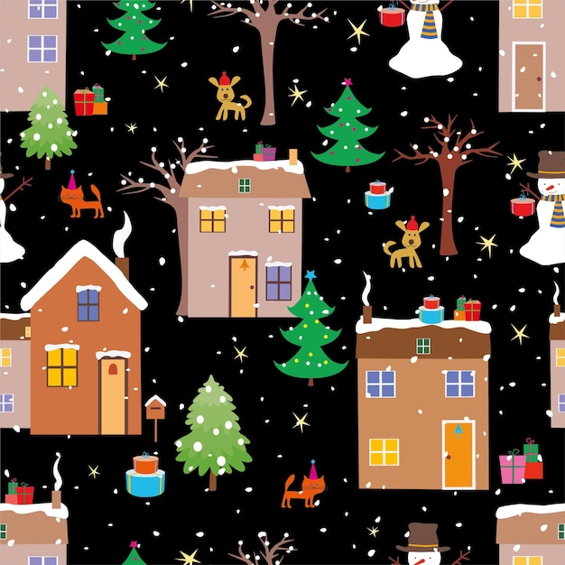 Seamless pattern of cartoon houses in christmas time