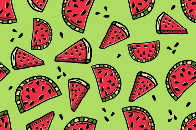 Seamless pattern cartoon Illustration of red watermelon slices on green Concept of healthy lifestyle and ripe fruits print