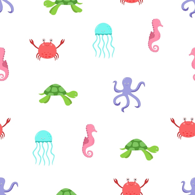 만화 해양 동물의 원활한 패턴 벡터 일러스트 배경 벽지 귀여운 거북이 문어 게 해파리