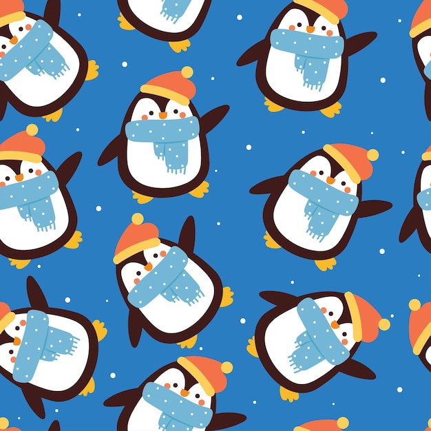 Vector seamless pattern cartoon penguin with winter outfit cute animal pattern for winter wallpaper