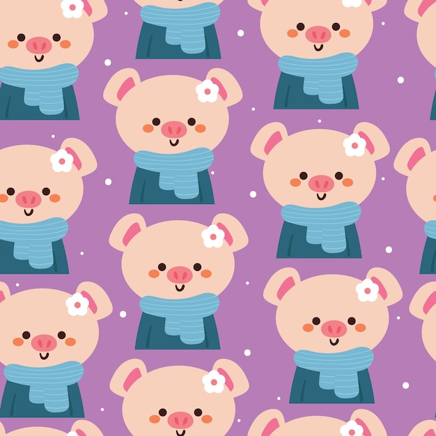 seamless pattern cartoon pig wearing sweater and blue scarf cute animal wallpaper for textile