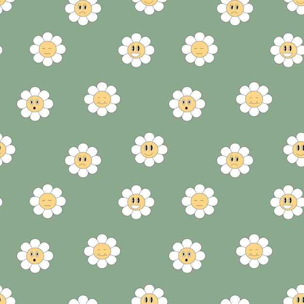 Seamless pattern of cartoon psychedelic smileys daisies on a green background