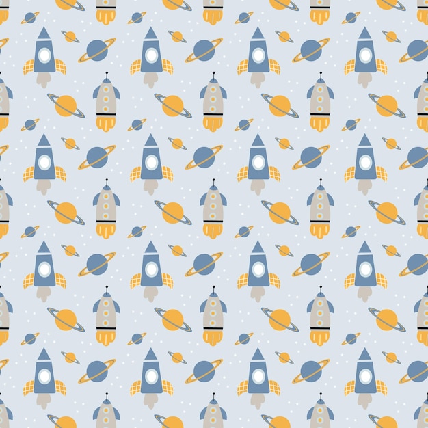 낙서 스타일의 원활한 패턴 만화 로켓과 행성 아기 인쇄 섬유 벽지