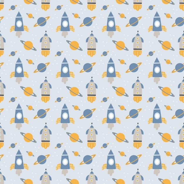 Seamless pattern cartoon rockets and planets in doodle style baby print textile wallpaper