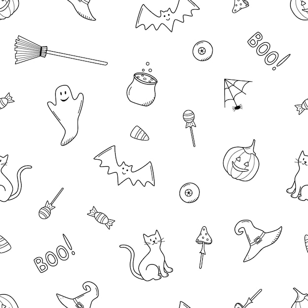 Seamless Pattern Cartoon set of Halloween icons vector doodle illustration holiday elements day of the dead