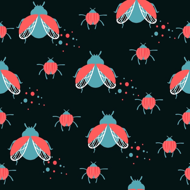 Seamless pattern of cartoon simple beetle collection colored insects flat vector illustration on black background