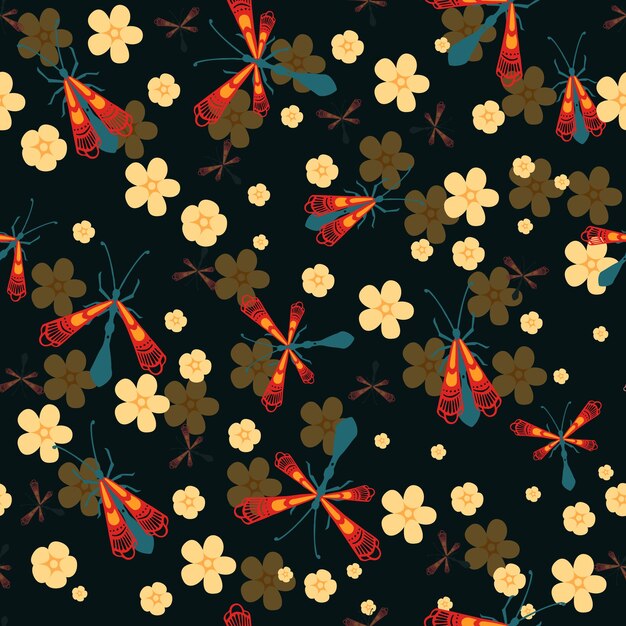 Vector seamless pattern of cartoon simple beetle collection colored insects flat vector illustration on dark background with flowers