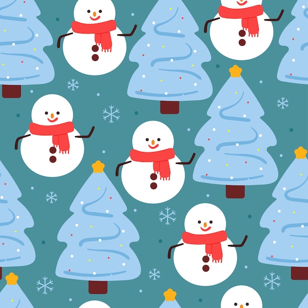 seamless pattern cartoon snowman and tree in winter day