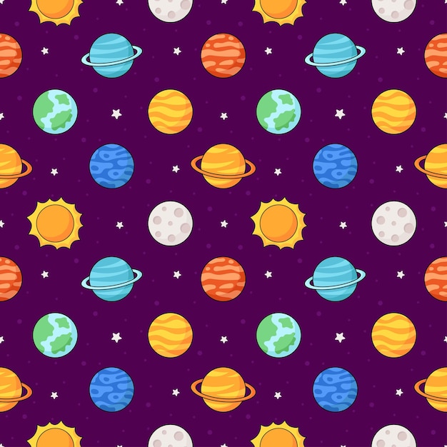 Бесшовные модели мультфильм космических планет, изолированных на фиолетовом фоне векторные иллюстрации