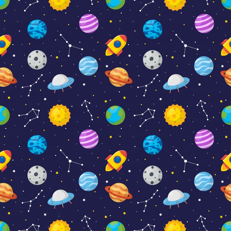 Vector seamless pattern cartoon space with planets