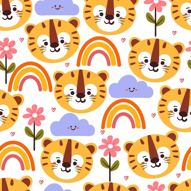 seamless pattern cartoon tiger with flower, rainbow and clouds. cute animal wallpaper for textile