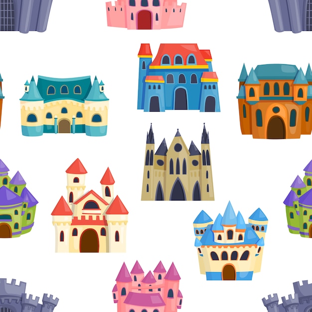 Vector seamless pattern castle, fairytale landscape. magic medieval fantasy dream palace.