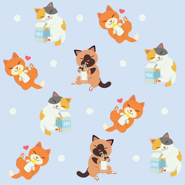 Seamless pattern di latte gatto amore. il simpatico personaggio dei gatti