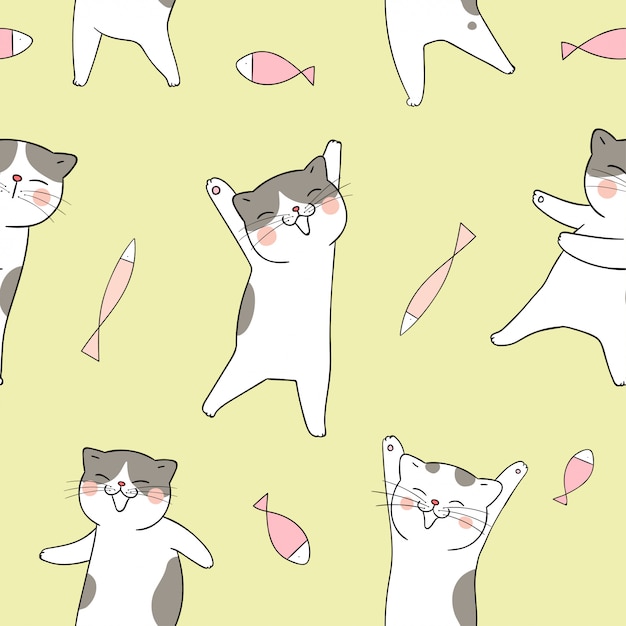 Vector seamless pattern cat with fish on yellow.