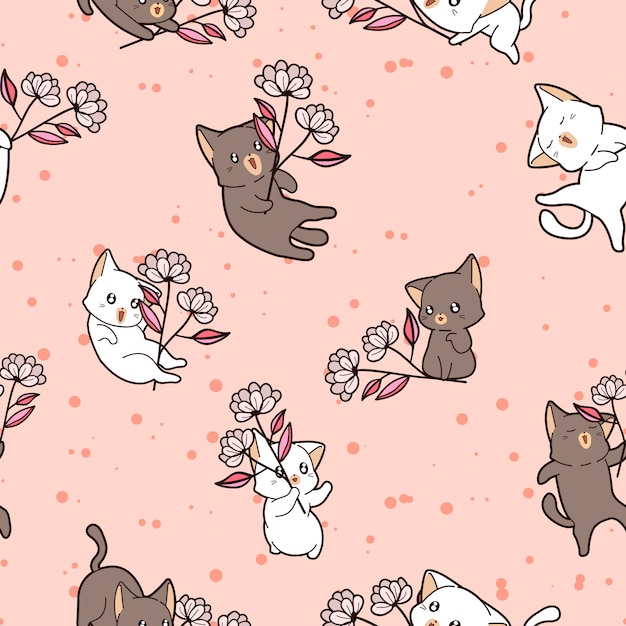 Seamless pattern of cats holding flowers