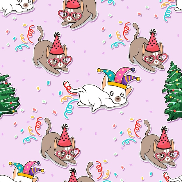 Seamless pattern cats in the party cartoon