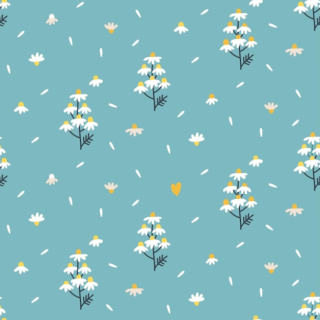 Seamless pattern of chamomile flowers on green background flowering branch flower head petals