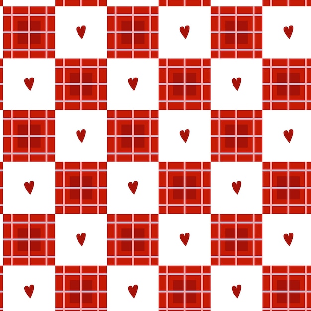 Seamless pattern checkered pattern and red hearts