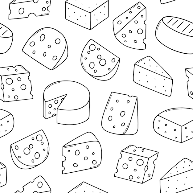 Seamless pattern of cheese doodle set Cheese types in sketch style Hand drawn vector illustration