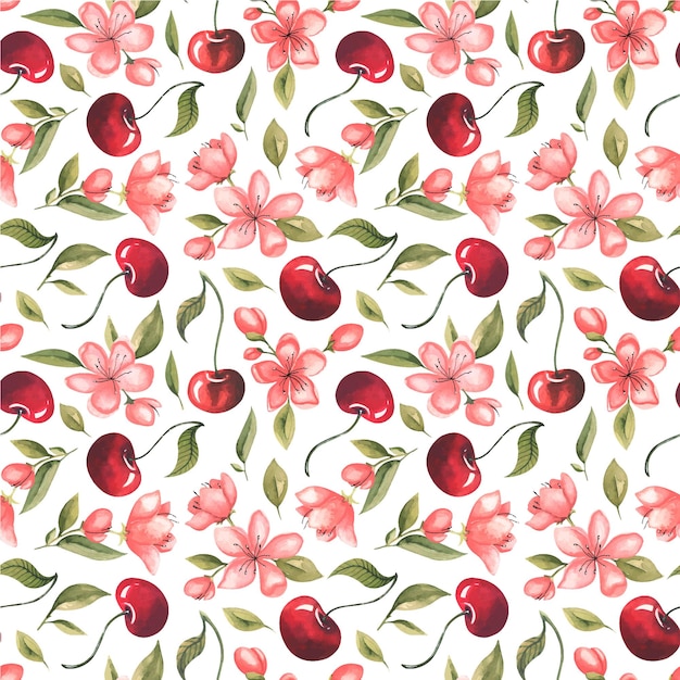 Seamless pattern of cherries and pink flowers