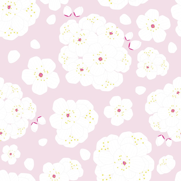 Vector seamless pattern of cherry blossoms in flat style and soft colors