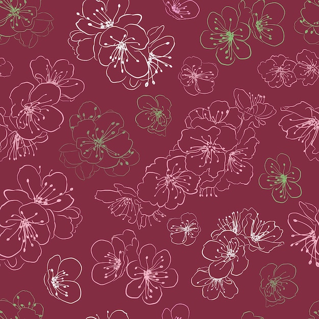 Seamless pattern of cherry blossoms multicolored on cherry color