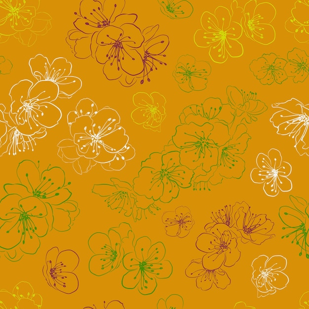 Seamless pattern of cherry blossoms multicolored on orange