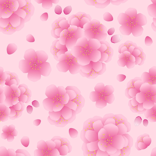 Vector seamless pattern of cherry blossoms in pink color