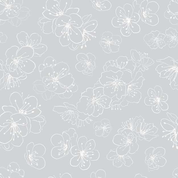 Vector seamless pattern of cherry blossoms white on gray