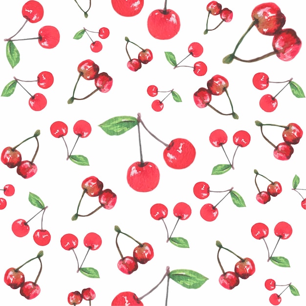 Seamless pattern Cherry Watercolor painted collection of vegetables Handmade fresh food design elements isolated