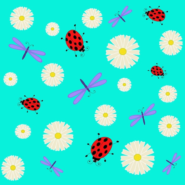 Vector seamless pattern of chicory ladybug and dragonflies