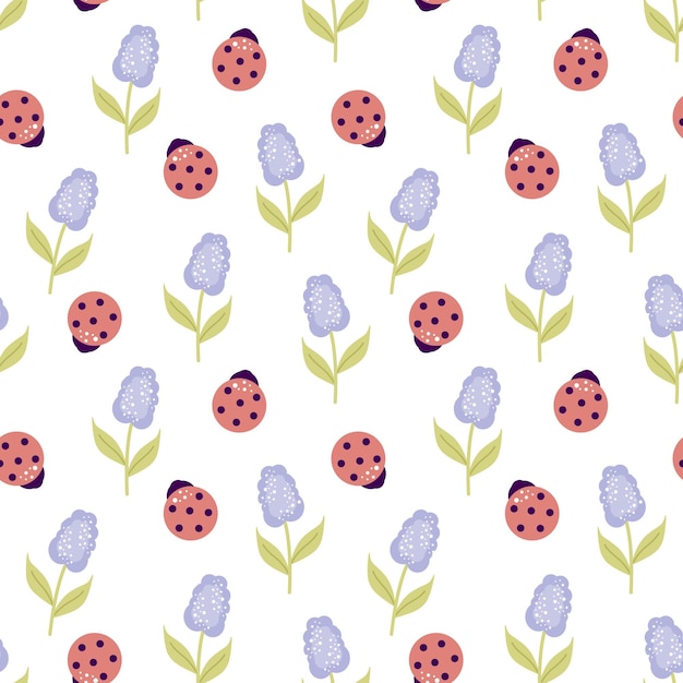 Seamless pattern childish elements in pastel colors Ladybug lilac flowers For poste