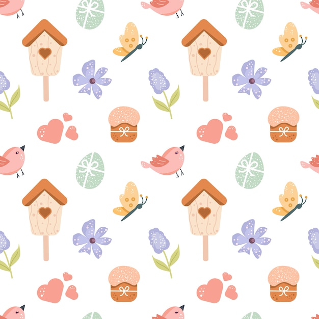 Seamless pattern childish happy Easter design elements in pastel colors Rabbit bug lilacfeeder