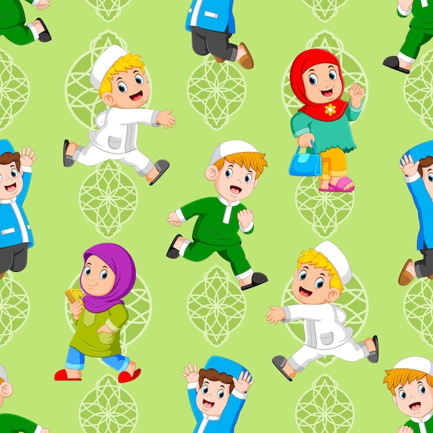 The seamless pattern of the children are playing with the muslim outfit of illustration