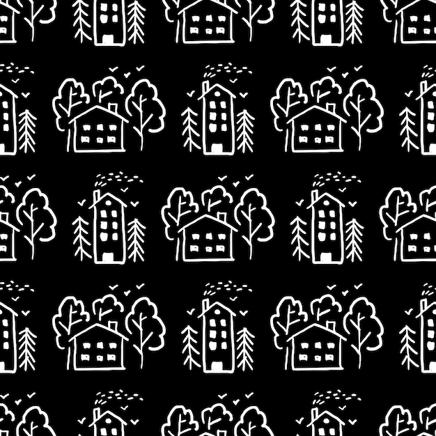 Vector seamless pattern of children s drawing house sun clouds trees line drawing drawn by a child suitable for childrens room decoration fabric decor doodle style