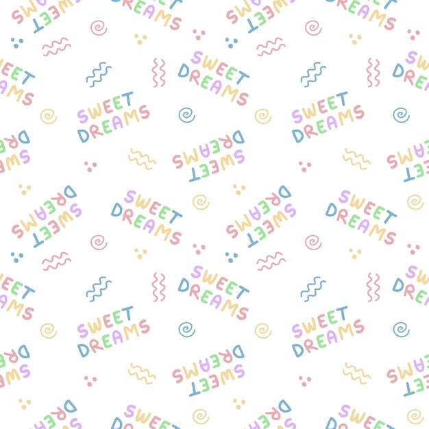 Seamless pattern children's star with a rainbow tail multicolored inscription text sweet dreams geometric symbols white background