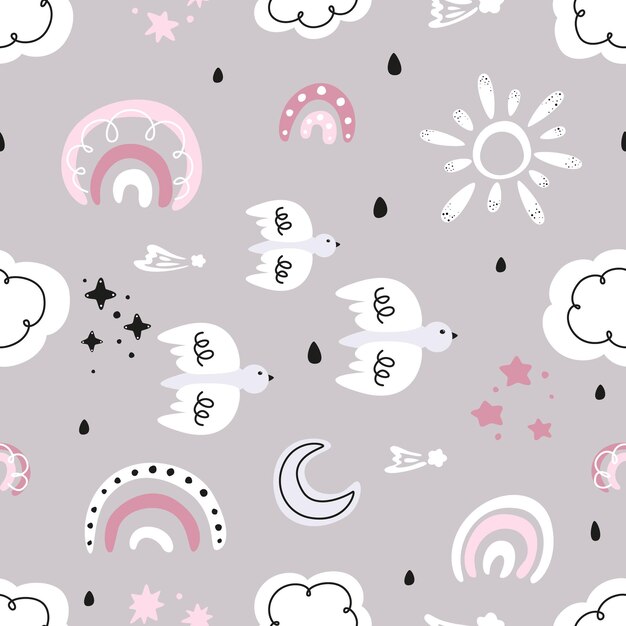 seamless pattern for children with rainbows starry sky set of weather icons abstract pattern