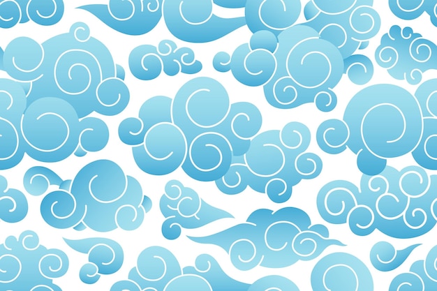 Seamless pattern of Chinese cloudy sky with curly blue clouds. Repeatable Japanese texture with sea foam. Endless abstract oriental backdrop. Monochrome flat vector illustration on white background.