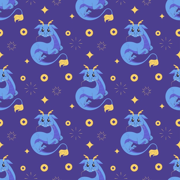Seamless pattern Chinese dragon red cute 2024 blue Vector cartoon illustration on white background