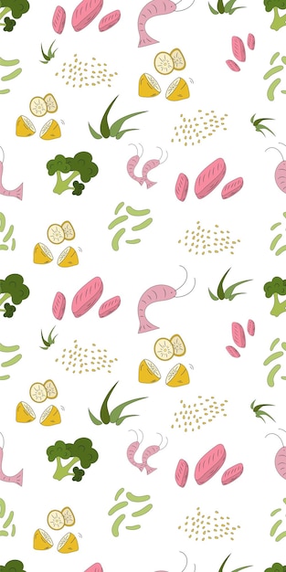 Seamless pattern Chinese eat Shrimp tuna lemon sesame greens Asian food Vector illustration