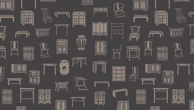 Vector seamless pattern of chinese furniture icons in shades of grey