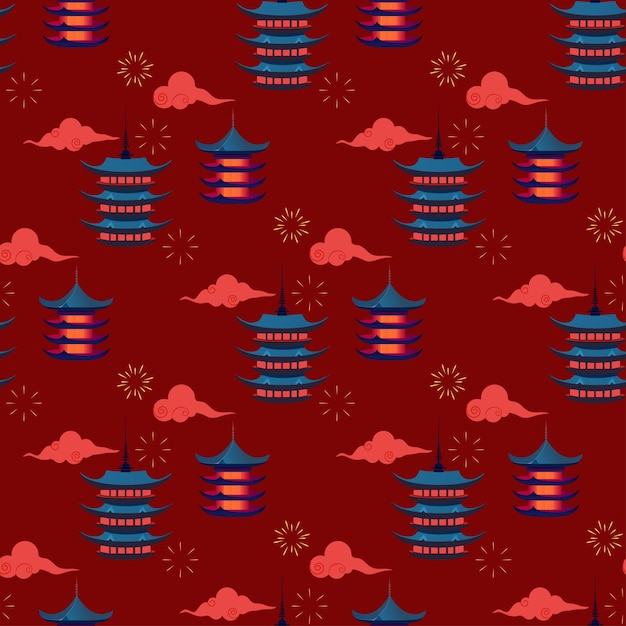 Seamless pattern chinese japanese pagodas clouds and fireworks Vector cartoon illustration