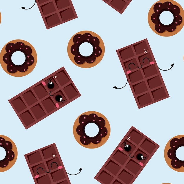 Seamless pattern of chocolate bars and donuts on a blue background