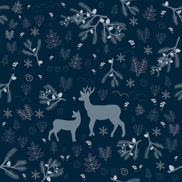 Seamless pattern christmas forest dark blue background tree deer snowflakes new year