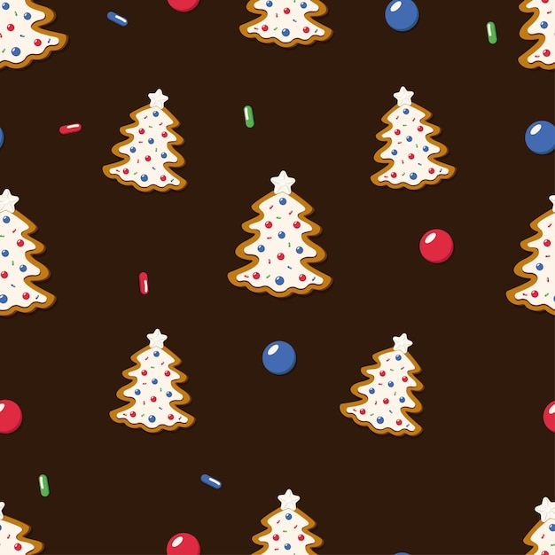 Seamless pattern of Christmas gingerbread with Christmas trees